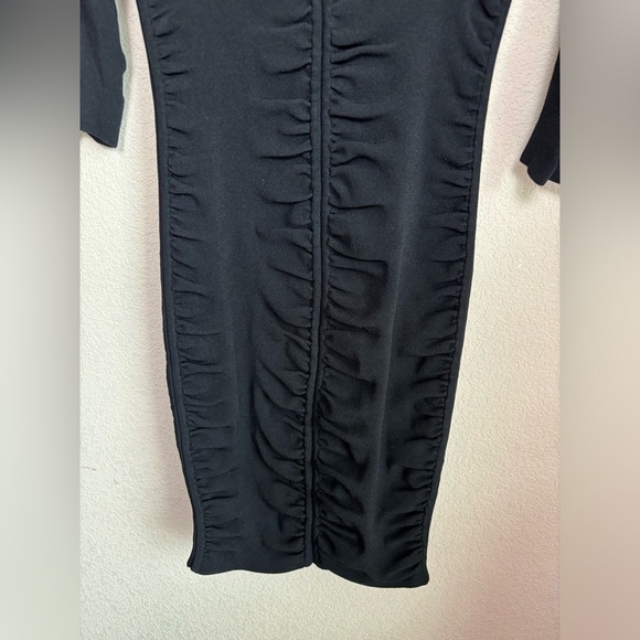 Milly Black Shirred Ribbed V-Neck Bodycon Knee Length Dress S - Picture 4 of 11